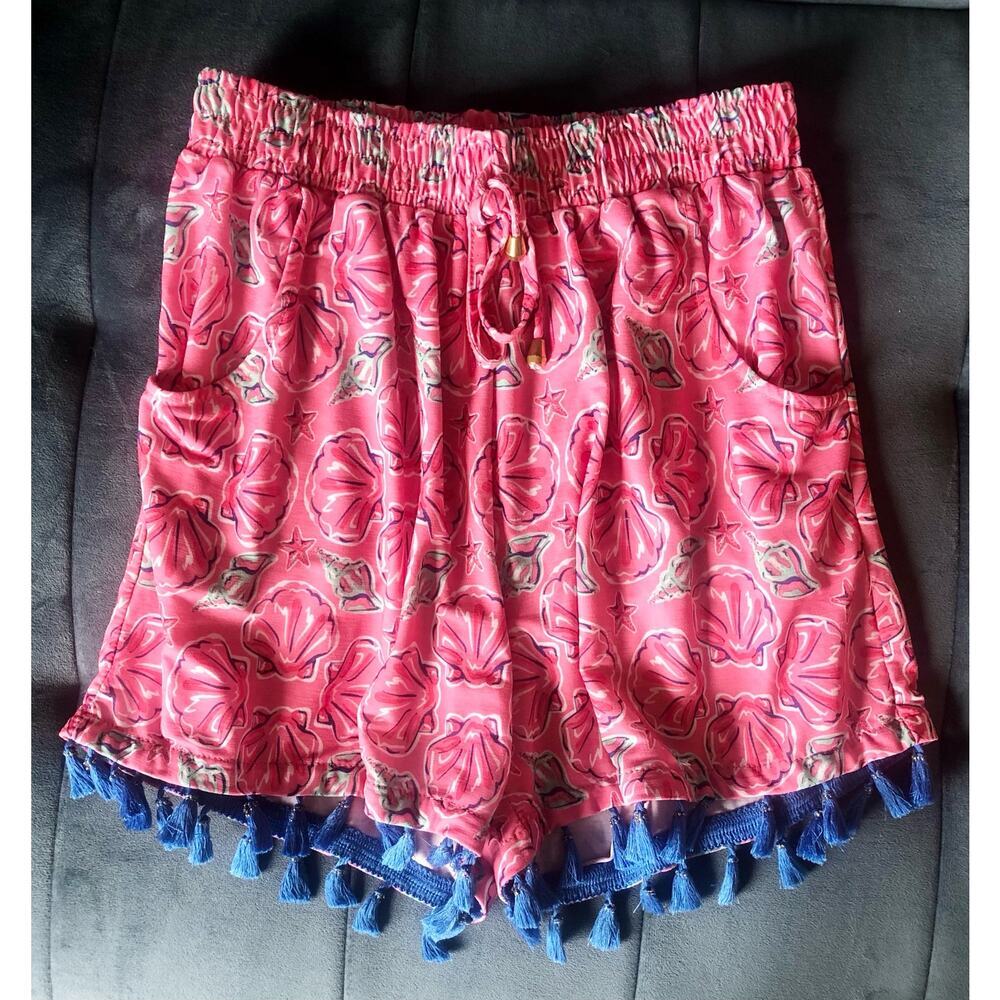 Simply Southern Seashell Shorts Pull On Pink w/ Blue Tassels Pockets - Size S/M